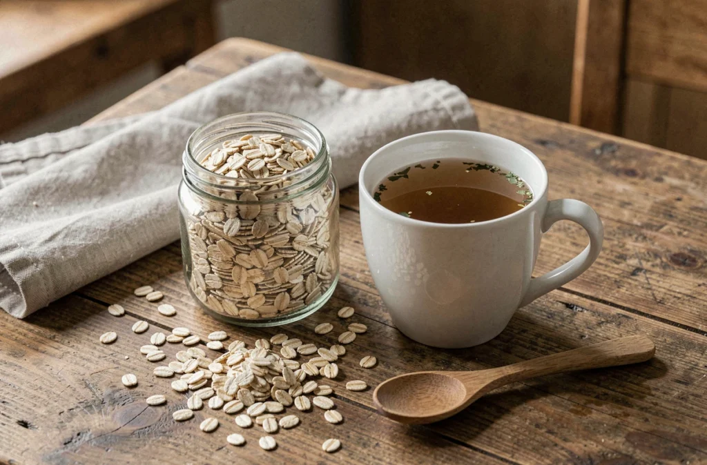 Gros plan d'un pot de son d'avoine et d'une tasse de tisane sur une table en bois rustique