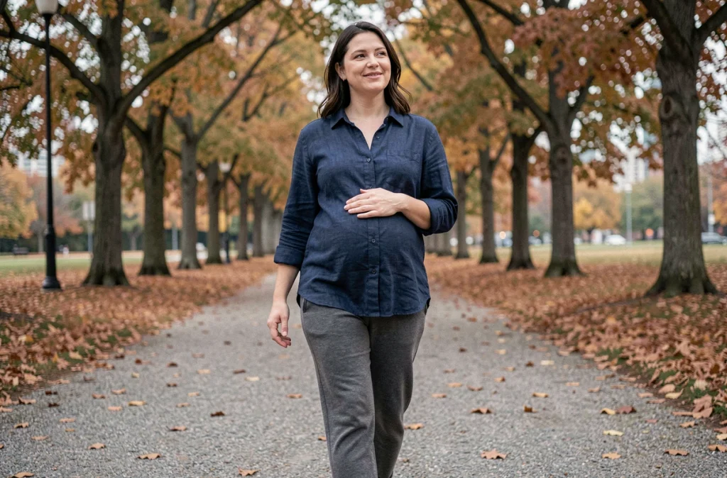 Femme enceinte se promenant doucement dans un parc automnal avec des feuilles dorées sur le chemin
