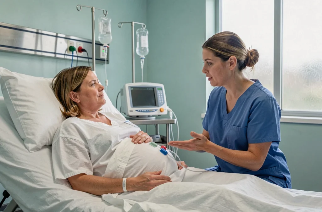 Femme enceinte allongée en salle de naissance écoutant une sage-femme en tenue médicale bleue lui expliquer le déroulement de l'accouchement