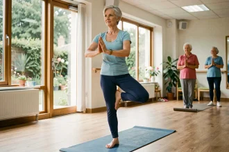Une femme senior pratiquant un exercice d'équilibre en salle lors d'une séance d'activité physique adaptée