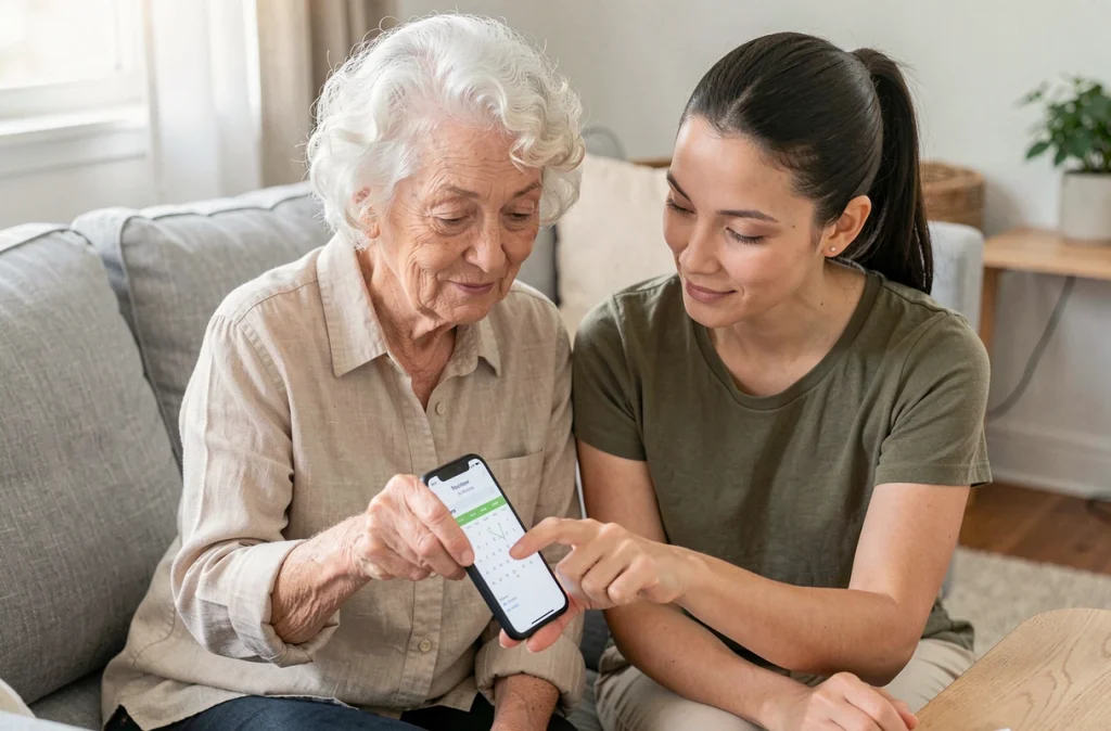 Une femme senior et sa fille consultant ensemble l'application Kedoc sur un smartphone pour gérer des rendez-vous médicaux dans un salon