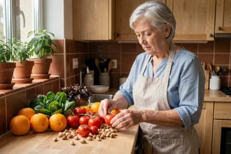 Senior femme préparant un repas équilibré avec des légumes frais dans une cuisine moderne