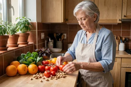 Senior femme préparant un repas équilibré avec des légumes frais dans une cuisine moderne