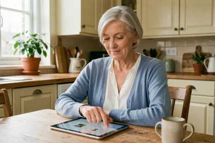 Une femme senior souriante utilisant une tablette pour gérer ses rendez-vous médicaux avec l'application Kedoc dans sa cuisine