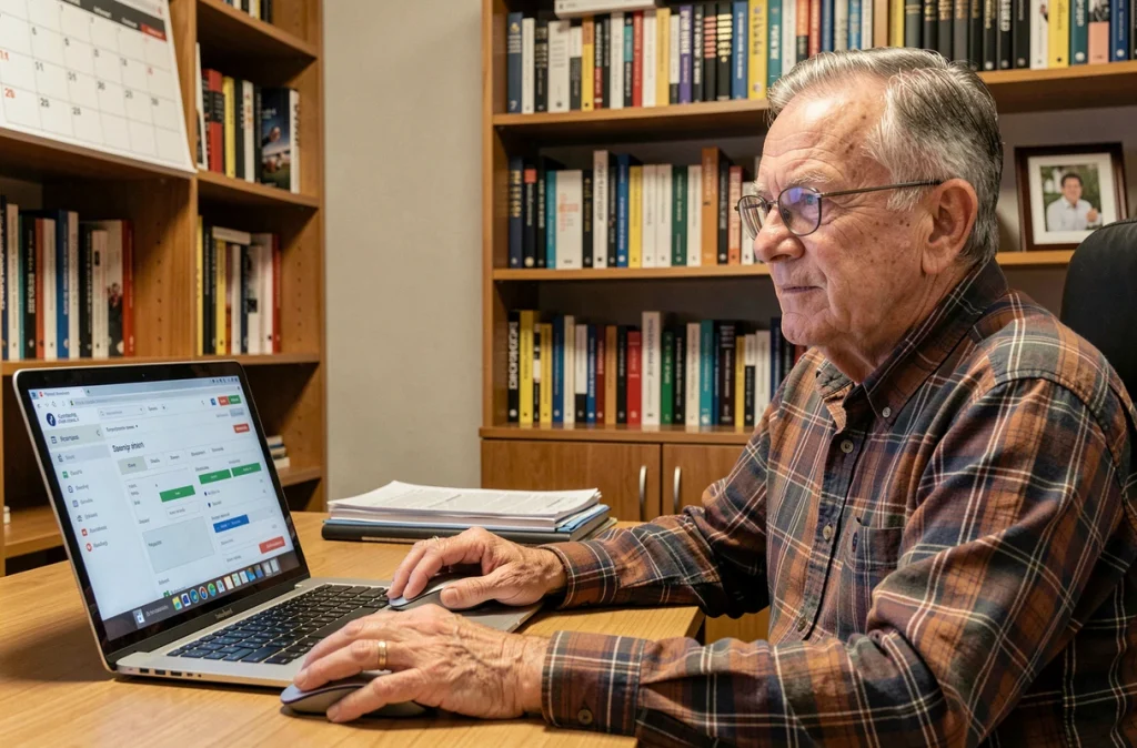 Un homme senior à lunettes utilisant un ordinateur portable pour prendre rendez-vous en ligne avec Kedoc depuis son bureau à domicile