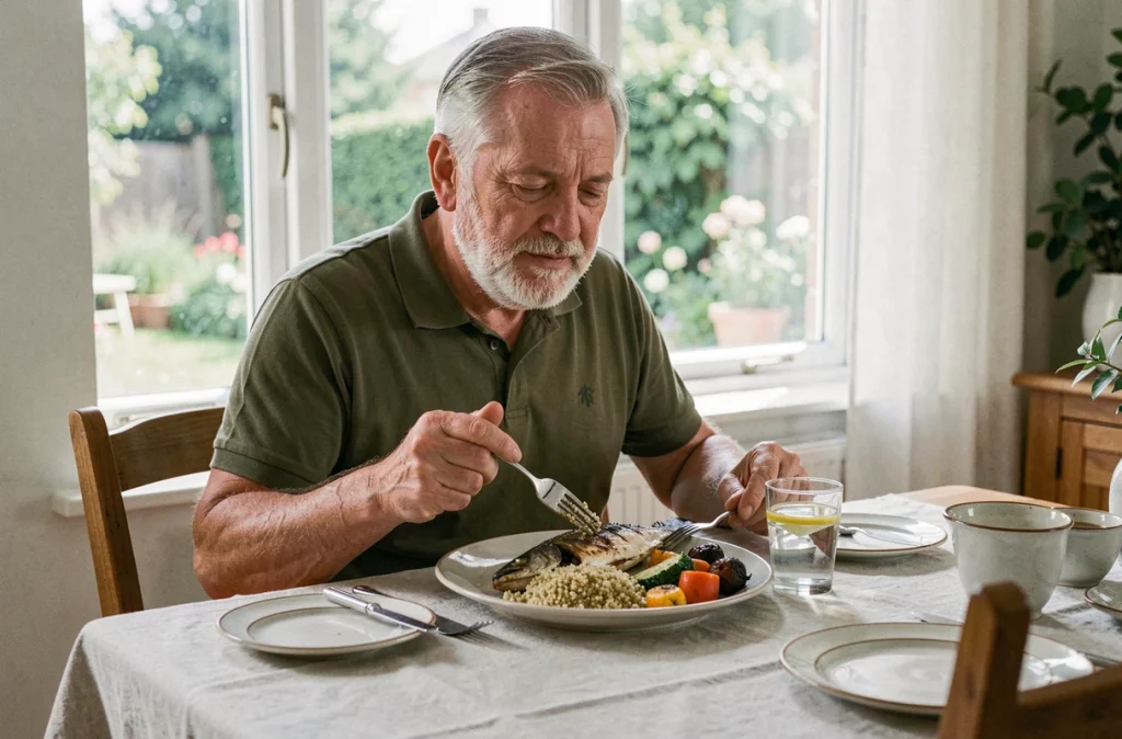 Homme senior savourant un repas méditerranéen sain à table pour prévenir les maladies liées à l'âge