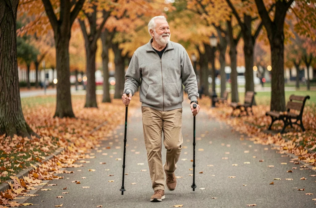 Un homme senior pratiquant la marche nordique en autonomie dans un parc en automne