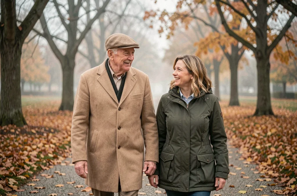 Un homme âgé se promène avec sa fille dans un parc en automne, illustrant l'importance des liens familiaux pour le bien-être des seniors