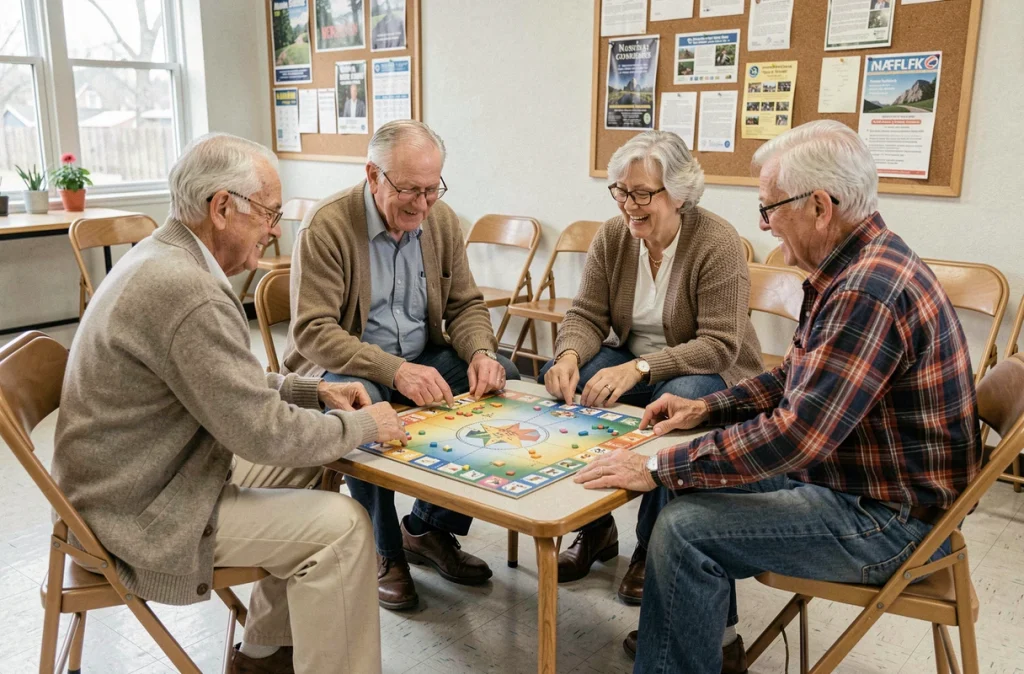 Groupe de personnes âgées jouant à un jeu de société dans un centre communautaire, symbolisant les liens sociaux et l'épanouissement des seniors