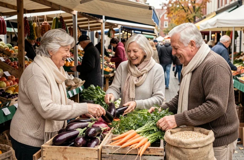 Groupe de seniors faisant leurs courses au marché pour adopter une alimentation saine et prévenir les maladies