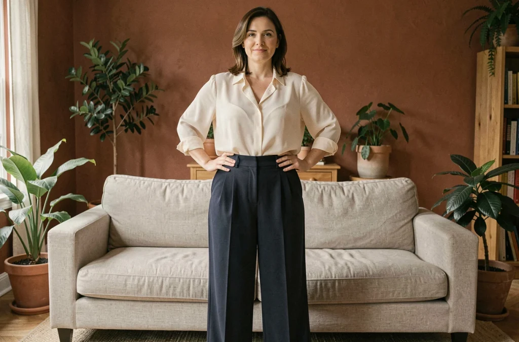 Femme avec ventre rond en pantalon taille haute marine et blouse ivoire, tenue stylée pour silhouette en pomme dans un intérieur cosy