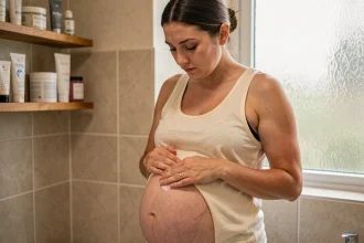 Femme enceinte appliquant une crème hydratante sur son ventre dans une salle de bain, illustrant les soins de la peau pendant la grossesse