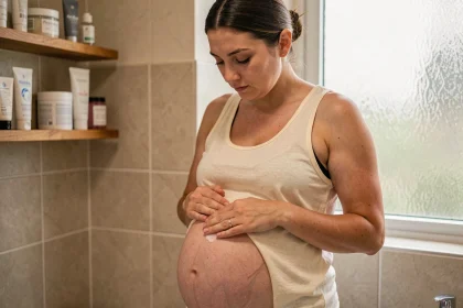 Femme enceinte appliquant une crème hydratante sur son ventre dans une salle de bain, illustrant les soins de la peau pendant la grossesse