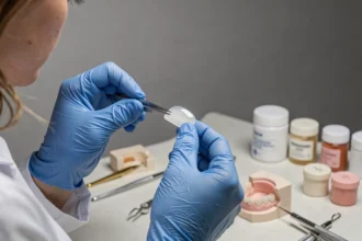 Technicienne dentaire tenant une facette en céramique avec des pinces de précision dans un laboratoire dentaire