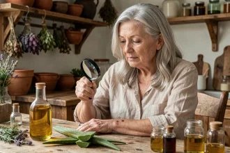 Femme mature examinant une verrue séborrhéique sur son avant-bras avec des remèdes naturels de grand-mère posés sur une table en bois rustique