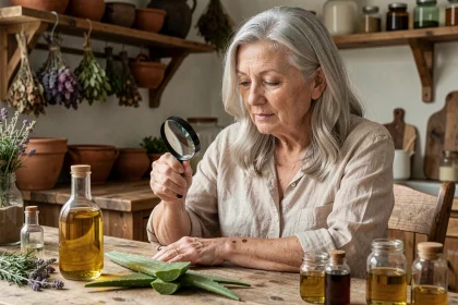 Femme mature examinant une verrue séborrhéique sur son avant-bras avec des remèdes naturels de grand-mère posés sur une table en bois rustique