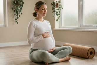 Femme enceinte pratiquant le yoga prénatal doux en position assise sur un tapis en bois dans un studio serein