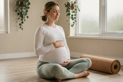 Femme enceinte pratiquant le yoga prénatal doux en position assise sur un tapis en bois dans un studio serein