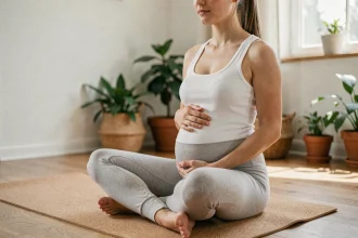 Femme enceinte du premier trimestre pratiquant le yoga prénatal à la maison, assise en tailleur sur un tapis de yoga en liège