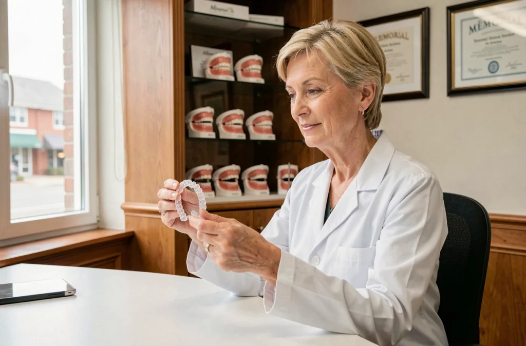 Orthodontiste femme examinant des aligneurs transparents dans le cabinet Mémorial du Dr Brigitte Herrmann