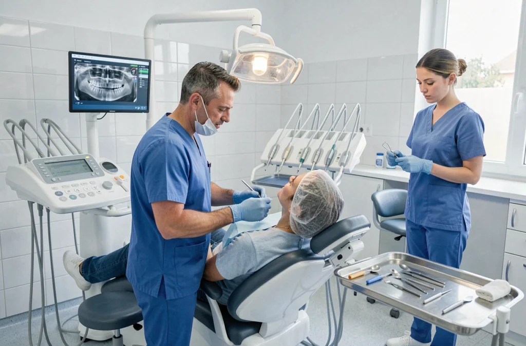 Dentiste et assistante dans une salle de soin moderne du Centre Dentaire Caen Saint-Pierre Dentego