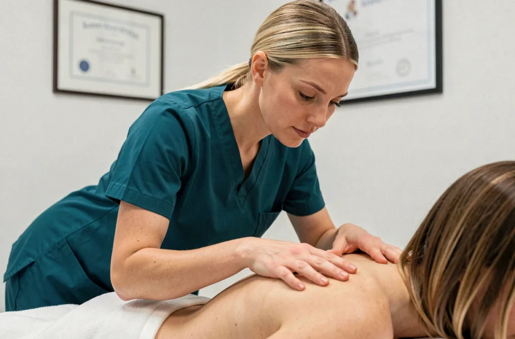 Claire Jacouty ostéopathe en Haute-Vienne appliquant une technique myofasciale dorsale sur une patiente