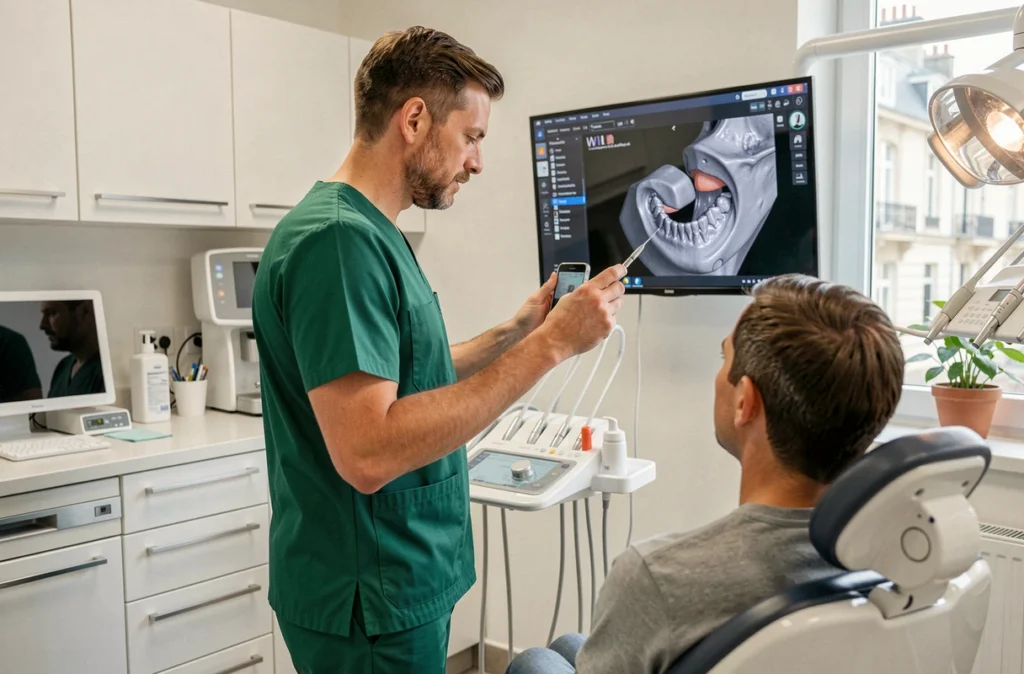 Dentiste masculin présentant une radiographie 3D à un patient dans un cabinet évoquant le Dr Gaëtan du Cosquer