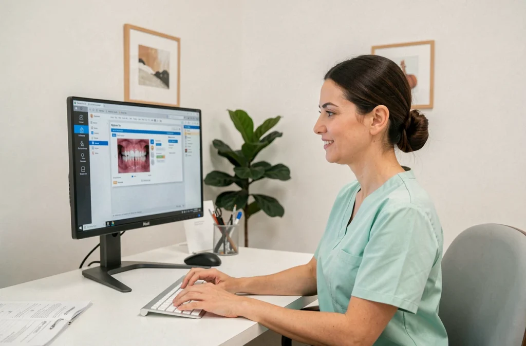 Dentiste femme consultant des radios numériques dans un cabinet moderne évoquant le Dr Myriam Faucon