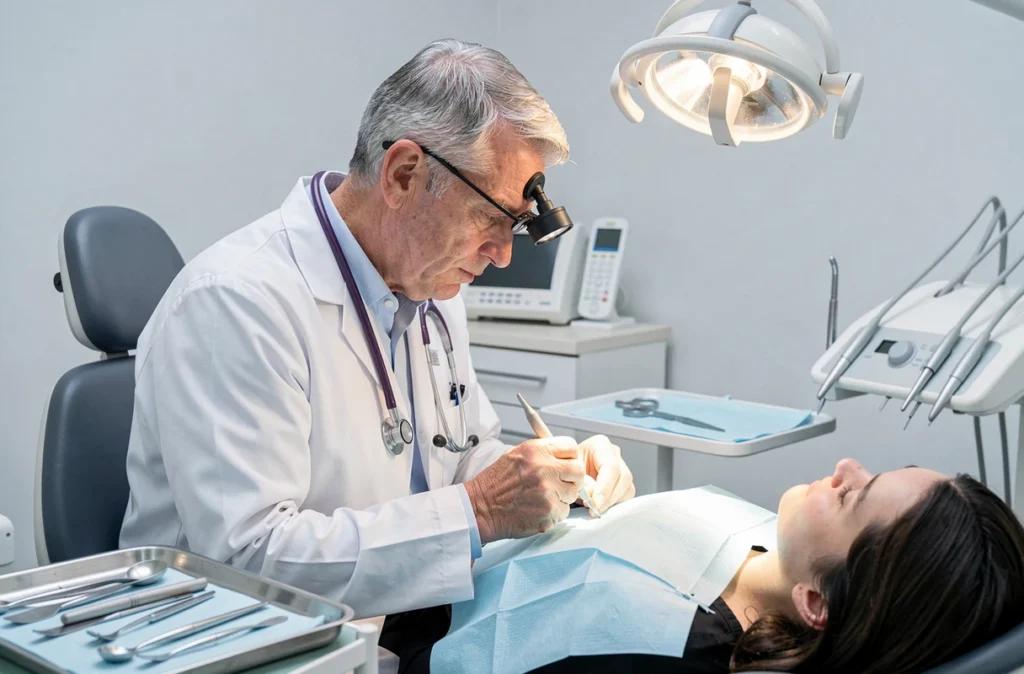 Dentiste homme effectuant un soin précis dans son cabinet évoquant le Dr Sergent Jean-François