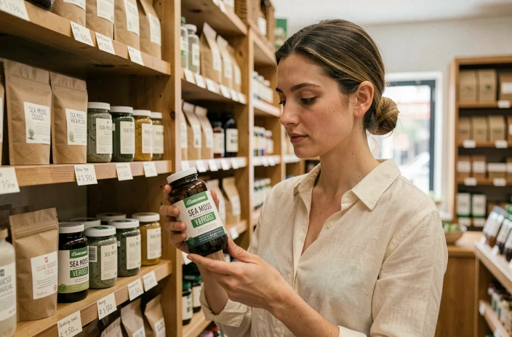 Femme française examinant un produit à base de sea moss dans une boutique bio, entourée de sachets de poudre et de pots de gel