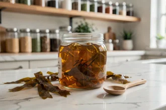 Gel de sea moss dans un pot en verre sur un comptoir en marbre blanc avec des algues séchées et une cuillère en bois