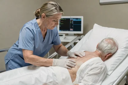 Infirmière examinant la zone sacrée d'un patient âgé alité pour détecter les premiers signes d'escarre