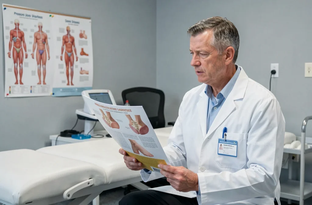 Kinésithérapeute consultant un document médical sur les stades d'escarre du sacrum en centre de rééducation
