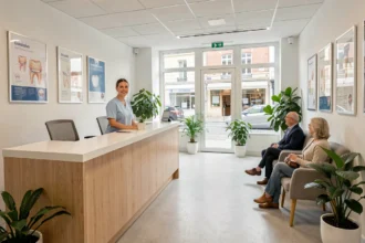 Salle d'attente moderne d'un centre dentaire en Normandie avec accueil professionnel