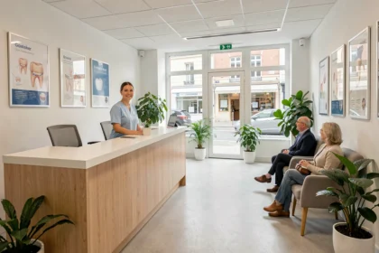 Salle d'attente moderne d'un centre dentaire en Normandie avec accueil professionnel