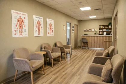 Salle d'attente d'un cabinet d'ostéopathie en Haute-Vienne avec une atmosphère professionnelle et apaisante