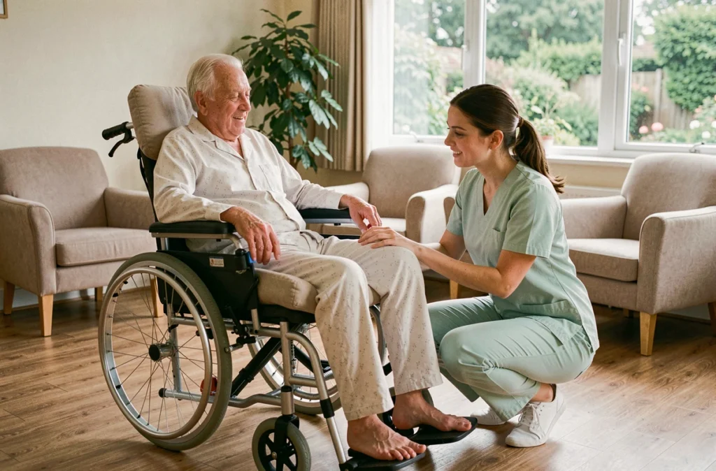 Aide-soignante vérifiant le coussin anti-escarre d'un résident âgé en fauteuil roulant dans un EHPAD