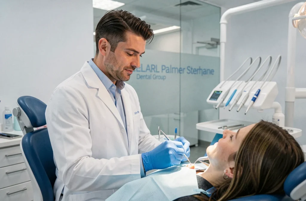 Dentiste réalisant une restauration dentaire dans le cabinet professionnel de la SELARL Palmer Stéphane