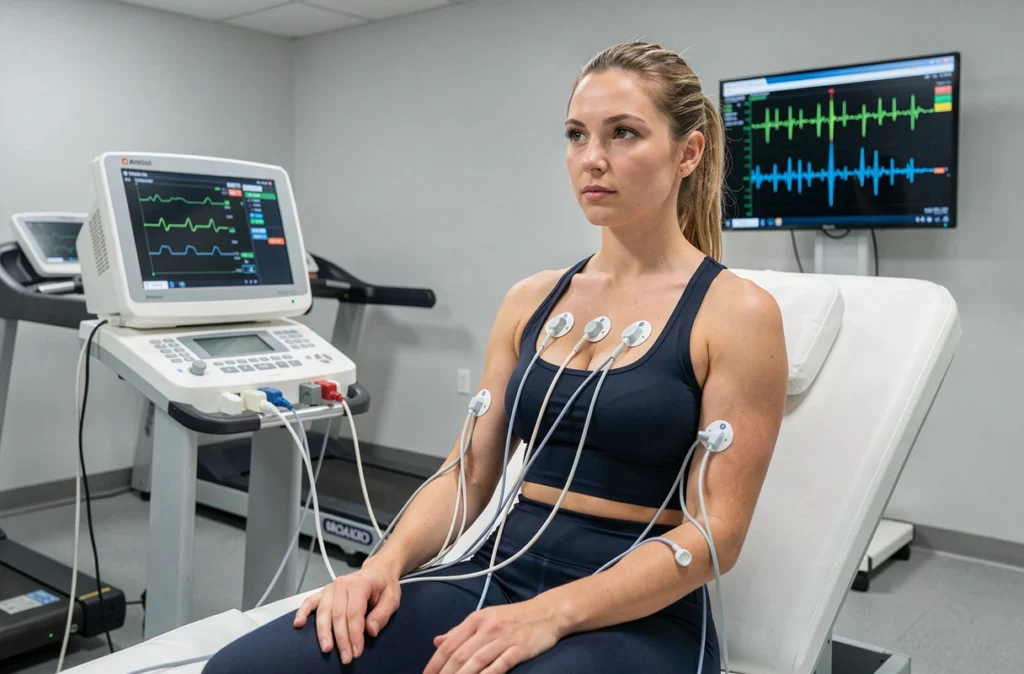 Athlète féminine sous surveillance ECG à l'effort en laboratoire de cardiologie du sport pour dépistage d'hypokaliémie