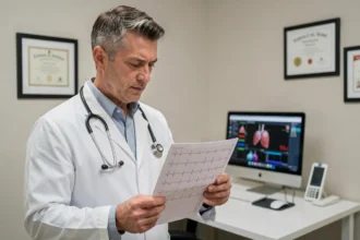 Cardiologue analysant un tracé ECG papier en consultation pour détecter des signes d'hypokaliémie à l'effort